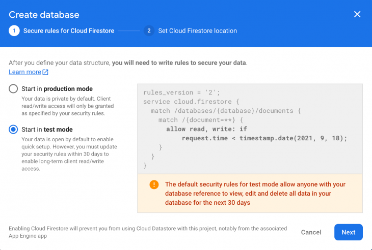 Cloud Firestore Create Database