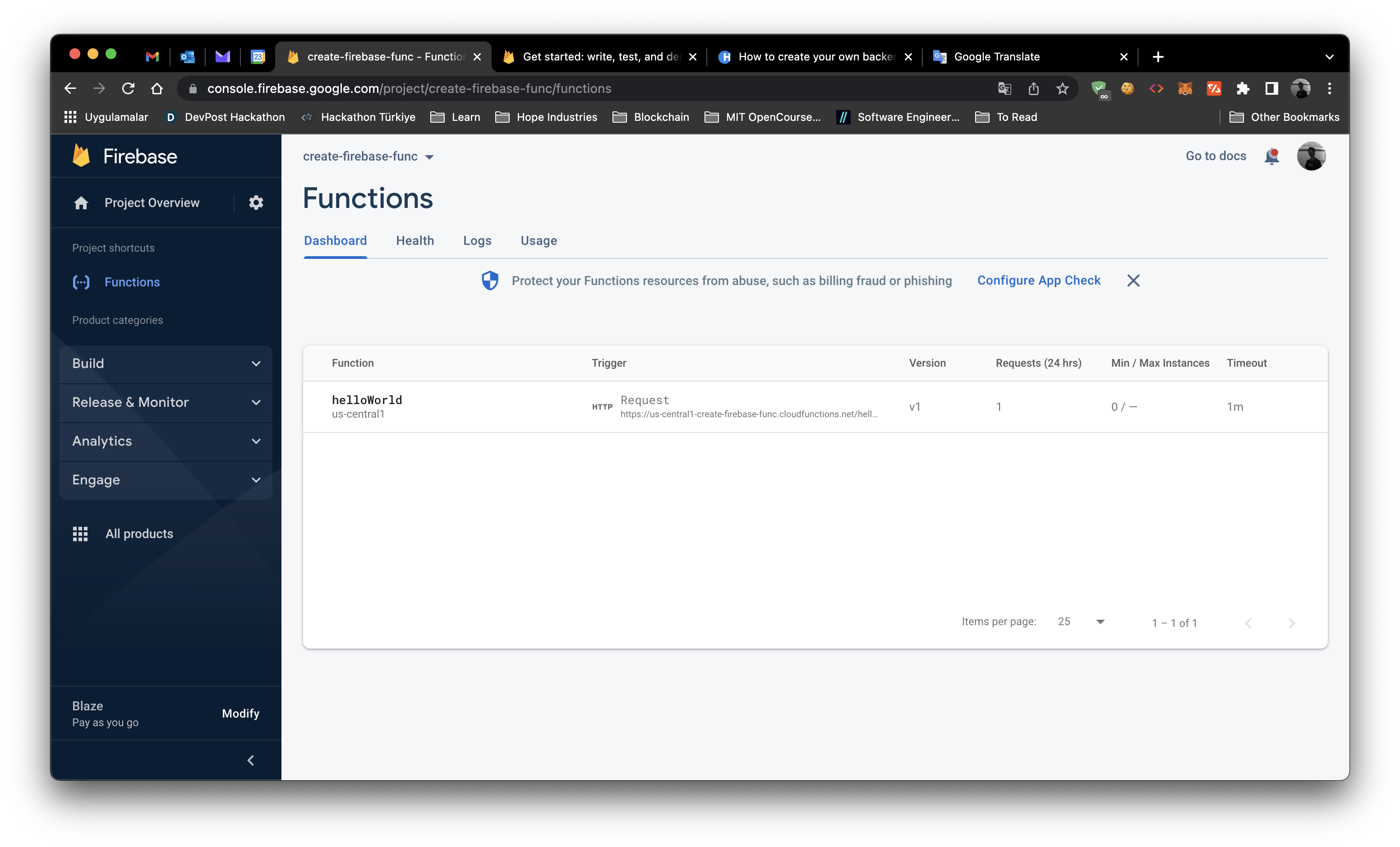 Firebase Console Functions Deployed