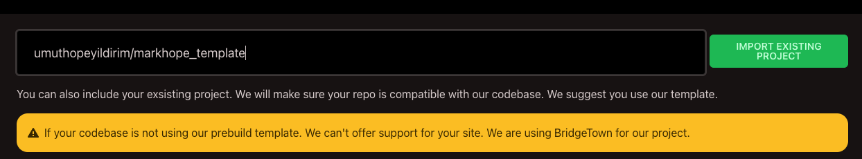 Markhope Import Existing Project Page